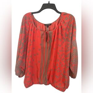 Express Women's Size Large Red and Gray Peasant BOHO Top LS